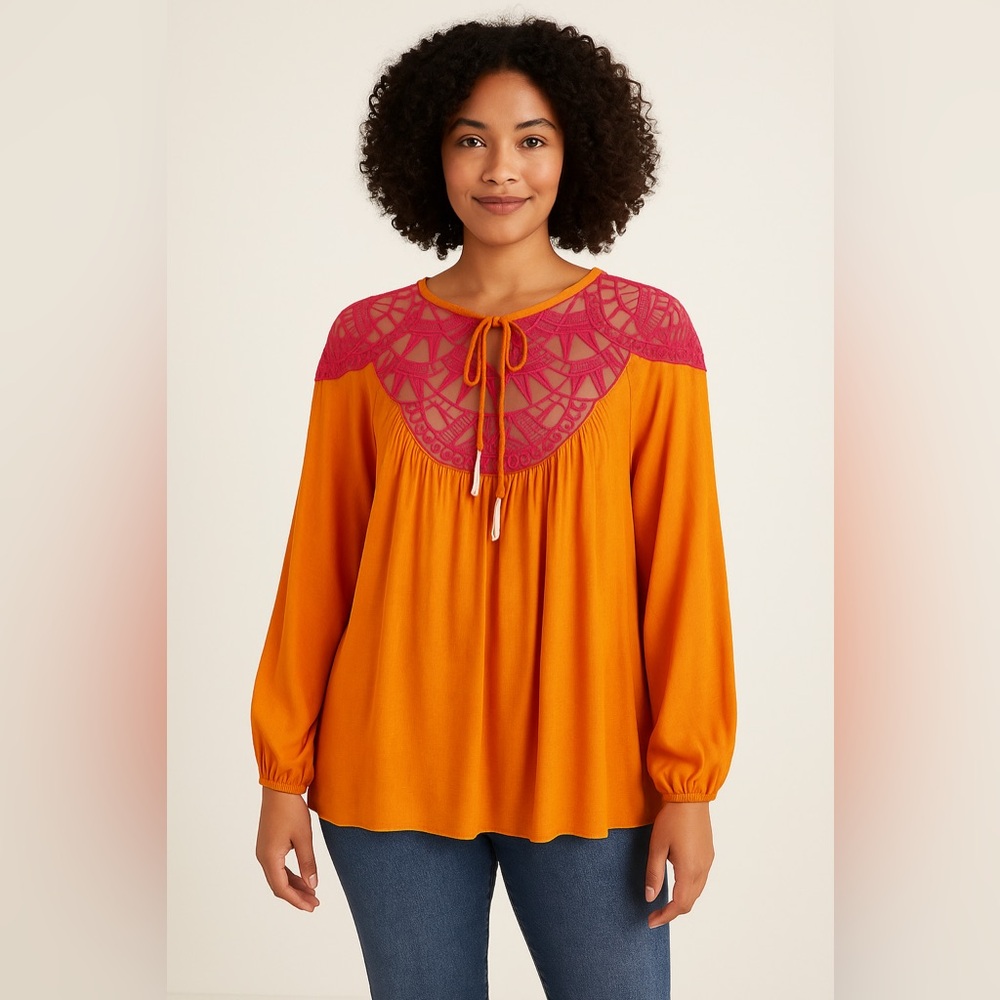 David Meister Women’s L Orange Pink Embroidery Luxe Appliqué Cutouts Tunic Top